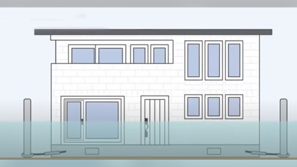 বাড়িটি মাটির তলায় লোহার রডের সঙ্গে কেব্‌ল দিয়ে আটকানো অবস্থায় থাকে।