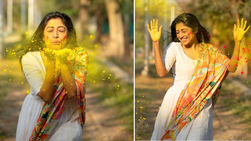 দেখে নিন পাওলি দামকে। বলিউড-টলিউড কাঁপানো কন্যের দুধসাদা সালোয়ারে আবির-ফাগের ছড়াছড়ি। তাল মিলিয়ে দোপাট্টায় রঙের বর্ষা। আর নায়িকার গাল লাল আবিরের আভায়। 