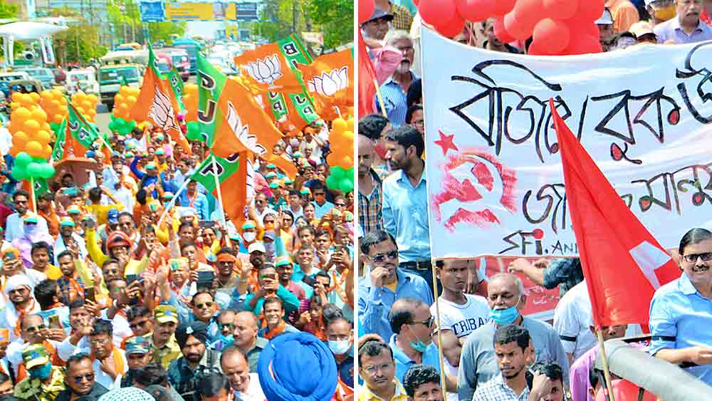 বাঁ দিকে, বিজেপি প্রার্থী অগ্নিমিত্রা পাল। ডান দিকে, সিপিএম প্রার্থী পার্থ মুখোপাধ্যায়। নিজস্ব চিত্র