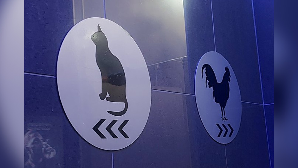 শৌচালয়ের দু’টি সাইনবোর্ডের একটিতে একটি মোরগের ছবি এবং একটিতে বিড়ালের ছবি। একমাত্র ঈশ্বরই জানেন এই ছবিগুলি দিয়ে কী করো বোঝা যায় কোন শৌচালয় পুরুষদের এবং কোনটি মহিলাদের।