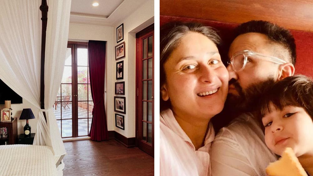 বিছানার সামনেই রয়েছে একটি বিশালাকার ফ্ল্যাট-স্ক্রিন টেলিভিশন, যার নীচে একটি গাঢ় রঙের কাঠের টেবিল। টেবিলের উপর রাখা আরও ফটো ফ্রেম, বই এবং মোমবাতি।