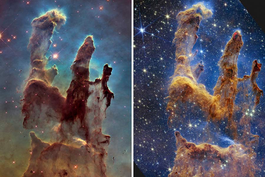 বাঁ দিকে, হাবল টেলিস্কোপে তোলা ছবি। ডান দিকে, জেমস ওয়েব স্পেস টেলিস্কোপের ইনফ্রারেড ক্যামেরায় তোলা ‘পিলারস্‌ ওফ ক্রিয়েশন’-এর ছবি।