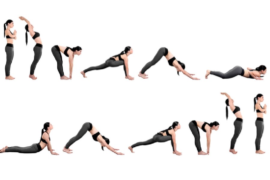 দেহের ১২টি ভঙ্গি পর্যায়ক্রমে যুক্ত করে সূর্য প্রণাম সম্পূর্ণ হয়।