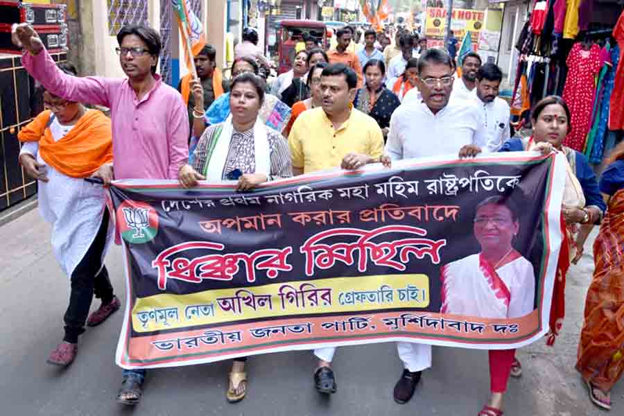 বিজেপির মিছিল। বহরমপুরে। ছবি: গৌতম প্রামাণিক