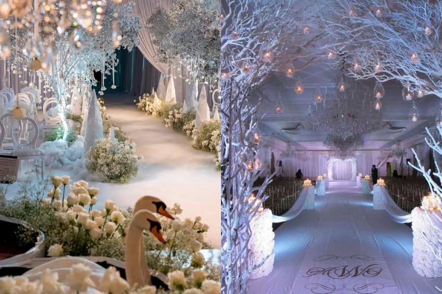 সঙ্গে থাক ছোট্ট জলাশয়, যাতে খেলে বেড়াবে একাধিক রাজহাঁস। ব্যস স্বপ্নের রূপকথার রাজ্য তৈরি। কনের পরনে থাকুক গোলাপি বা অন্য প্যাস্টেল রঙের গাউন, ফুলের টায়রা, হিরে বা পাথরের গয়না, রুপোলি জুতো। কালো স্যুট অথবা টাক্সিডো হোক বরের পোশাক। সঙ্গে মানানসই জুতো। 