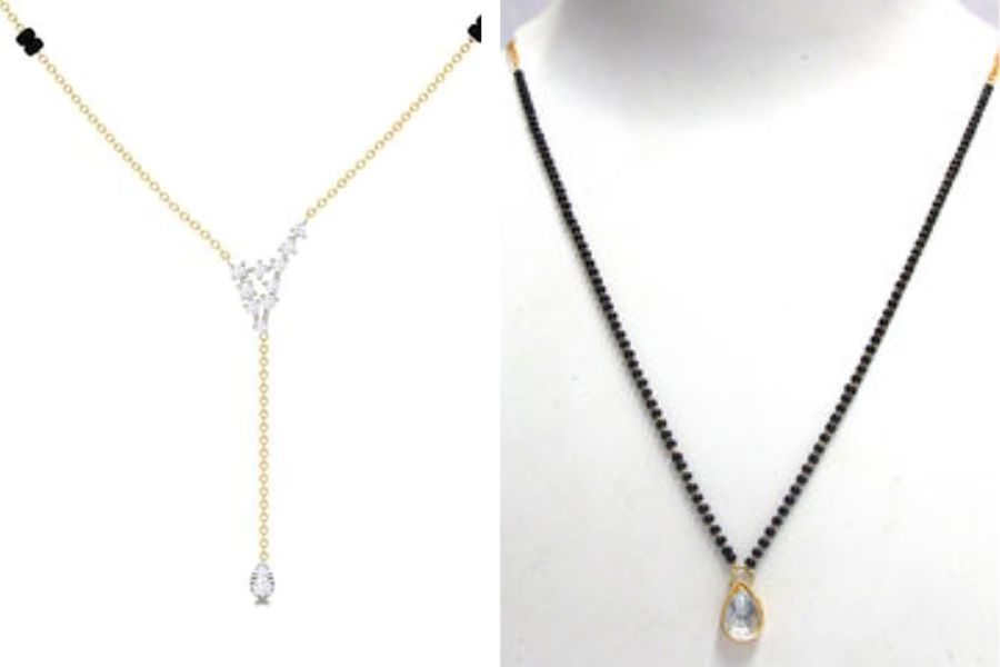 ড্রপ মঙ্গলসূত্র: মসৃণ চেনের সঙ্গে অ্যাবস্ট্র্যাক্ট ডিজাইনের লকেট মাঝামাঝি জায়গায়। আর একেবারে নীচে একটি জলের ফোঁটার ডিজাইন। আধুনিক কনেরা বেশ পছন্দ করছেন এই নতুন ধরনের মঙ্গলসূত্র।