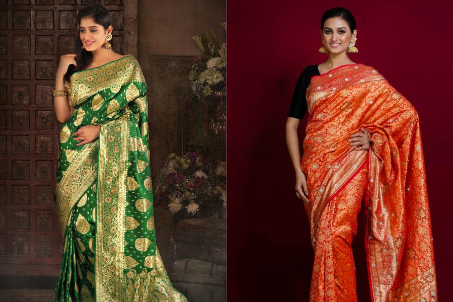 জারদৌসি বেনারসি: বিশেষ ধরনের কারুকার্য এই শাড়ির পরিচয়। বুলিয়ন সুতো, ফ্রেঞ্চ ওয়্যার বা মেটালিক স্প্রিং থ্রেড দিয়ে ঘন করে এমব্রয়ডারি করা হয়। 