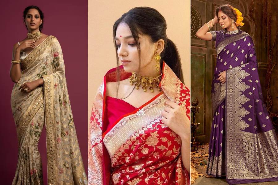 এক এক শাড়ির নকশার ধরন এক এক রকম। কোনও কোনও শাড়ির সূক্ষ্ম কাজ দেখলে সত্যিই অবাক হতে হয়। এই শাড়িগুলির বুননেও পার্থক্য রয়েছে। বিয়ের মরসুমে শাড়িগুলি দেখে নিন এক ঝলকে।  