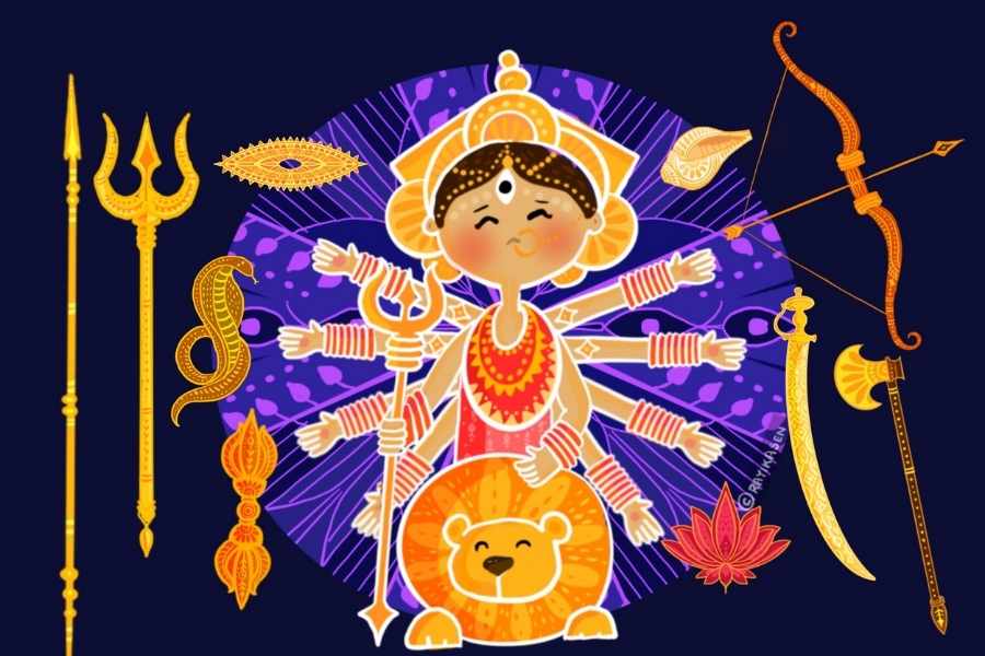 দশ অস্ত্রে সজ্জিত দেবীকে কুবের দেন অলঙ্কার। সূর্য প্রদান করেন কাঞ্চনবর্ণ। হিমালয় দেন বাহন সিংহ। দেবতাদের প্রদান করা মিলিত শক্তি ও অপার তেজে দেবী দুর্গা হয়ে ওঠেন শক্তিশালী ও অসীম শক্তির অধিকারী। তার পর মহিষাসুরকে বধ করে তিনিই হন মহিষাসুরমর্দিনী।