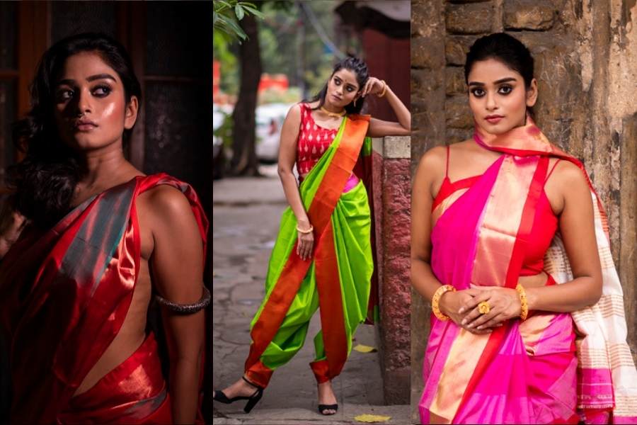 গরদ বাংলার ঐতিহ্য। সেই ঐতিহ্য নতুন রূপ পেয়েছে এই শারদীয়াতে। পরমার হাত ধরে। আর সেই সাজে শ্রীতমা যেন সত্যিই অপরূপা!