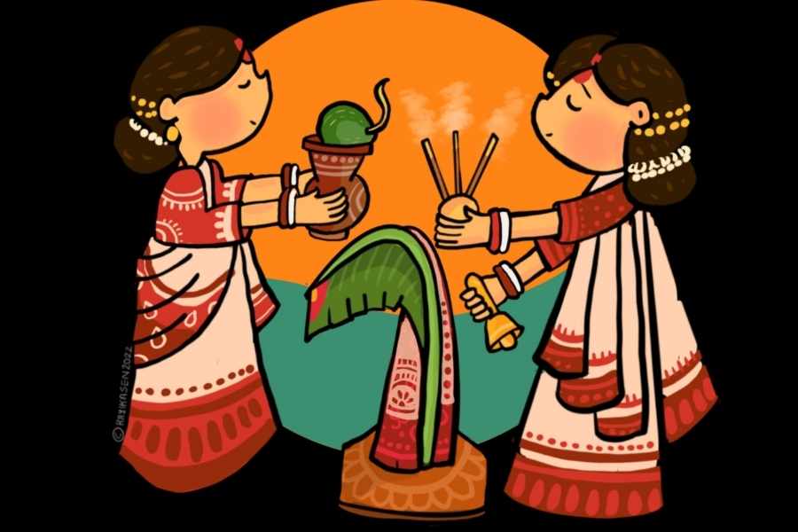 মহাসপ্তমীর ভোর। ঘুম চোখ খুলে যায় ঢাকের বোলে। ঠান্ডা হাওয়ার আলতো ঝাপটায় শরতের আমেজ- পাড়ার মহিলারা মিলে চলেছেন পুকুরের দিকে। সঙ্গী পুরোহিত ঠাকুর, ঢাকি এবং একটি ছোট কলাগাছ।