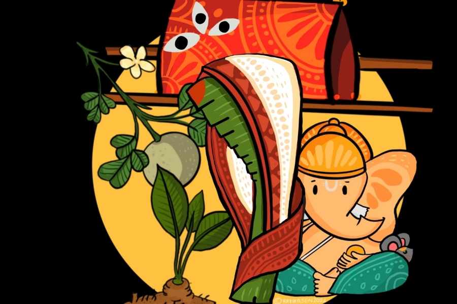 মায়ের বোধনের পরের দিন, সপ্তমীর ভোরে বিবাহিতারা কলাগাছকে স্নান করাতে নিয়ে যান। তার পরে সেই গাছকে নববধূর মতো শাড়ি পরিয়ে, সিঁদুর মাখিয়ে বসানো হয় গণেশের মূর্তির ডান পাশে। তিনিই কলাবৌ। বাকি তিন দিন তাঁকেও অন্যদের সঙ্গেই পুজো করা হয়। এই রীতিকে বলে কলাবৌ স্নান, তাঁকে পুজো করা হয় ফুল, চন্দন, ধুপ-ধুনো দিয়ে।