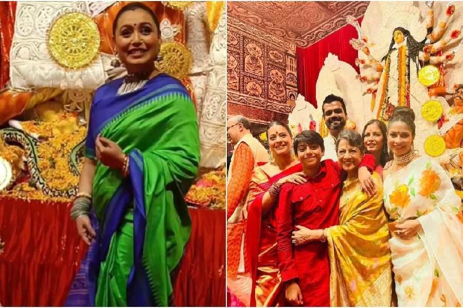 নীল-সবুজ কম্বিনেশনের ব্যোমকাই শাড়ি। সঙ্গে গলাভরা রুপোর গয়না। খোঁপায় জুইয়ের মালায় সেজে উঠেছিলেন রানি মুখোপাধ্যায়।