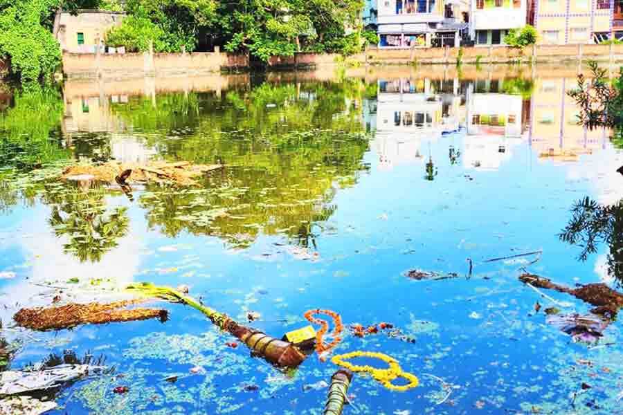 দূষিত: বিসর্জনের পর পুকুরের জলে ও পাড়ে পড়ে প্রতিমার কাঠামো। আরামবাগের  ব্লক পাড়াতে। নিজস্ব চিত্র