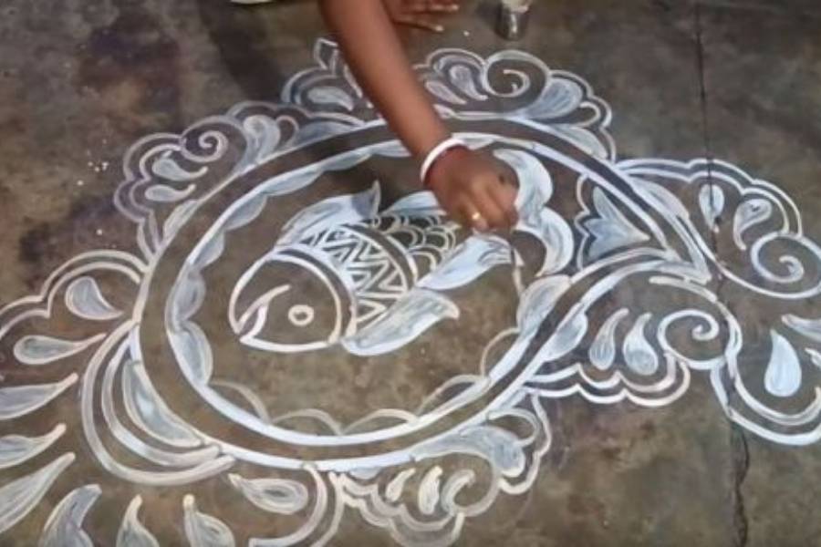 মাছ: অনেক বাড়িতেই পুজোর দিন মা লক্ষ্মীকে ইলিশ মাছ উৎসর্গ করা হয়। যার প্রতিফলন দেখা যায় আলপনাতেও। পুজোতে মাছ উৎসর্গ করা হলে আলপনাতেও সেই নকশার আঁকার দেওয়া হয়। 