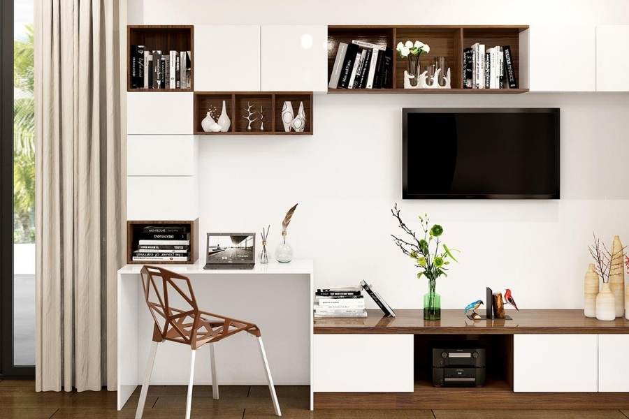 আপনার টিভি ইউনিটটিকে সাজাতে পারেন একটি শেলফের মতো করেও।তিন দিকে থাকতে পারে কভার অথবা কভার ছাড়া শেলফ। মাঝখানে ডিজাইন করা ব্যাকগ্রাউন্ডের উপরে লাগাতে পারেন টিভি। এতে অল্প জায়গায় প্রয়োজনীয় জিনিসপত্র রাখতেও সুবিধা হবে।