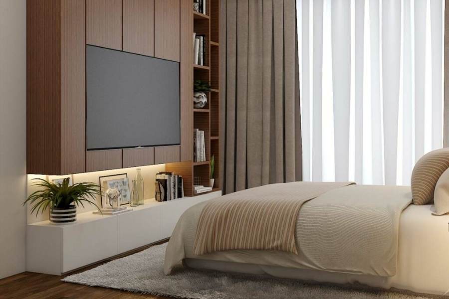 যদি আপনার টিভি ইউনিটটি হয় আপনার শোবার ঘরে, তবে সাজাতে পারেন এ ভাবেও। সঙ্গে রাখুন ডিজাইন লাইট।