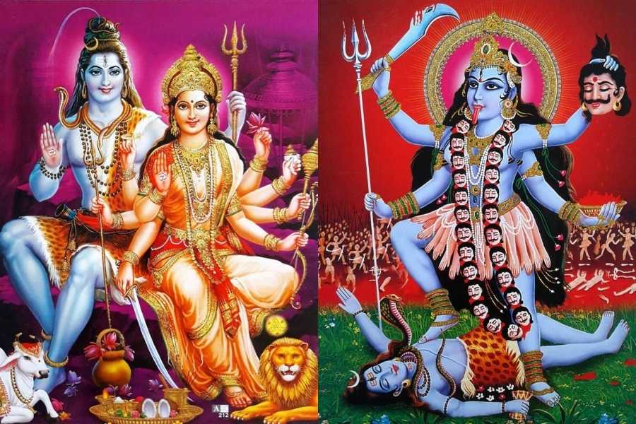 দুর্গার পাশে শিবকে নানা ভাবে দেখতে পাই আমরা। কিন্তু কালীর সঙ্গে শিব মানেই তিনি কালীর পায়ের নীচে শায়িত।   