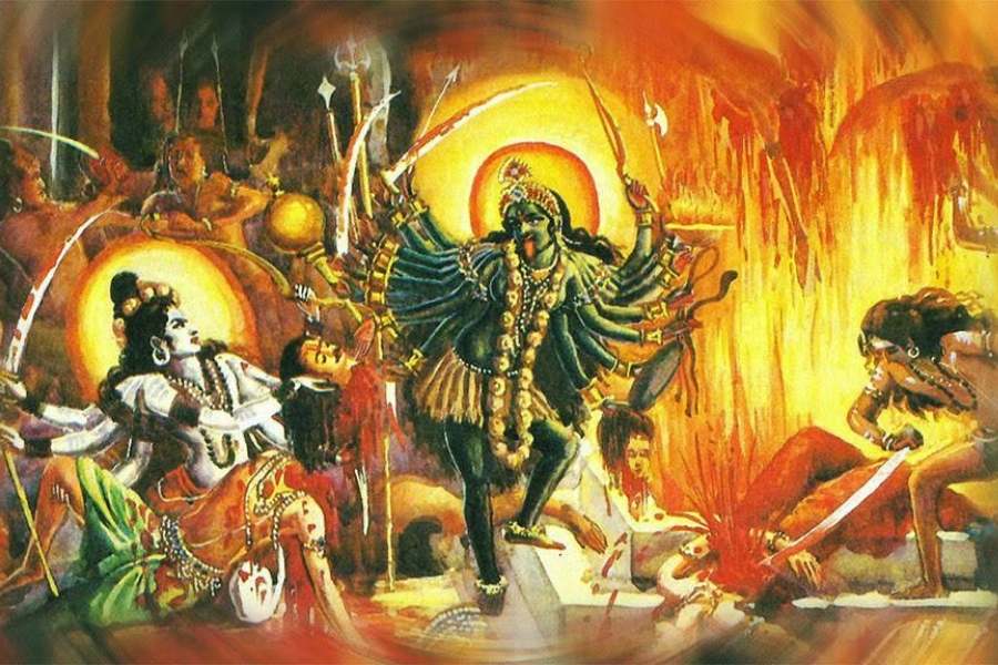 উপায়ান্তর না দেখে মহাদেব কালীর রুদ্রমূর্তি তাণ্ডব নৃত্য বন্ধ করার উদ্দেশ্যে মায়ের সামনে সশরীরে শায়িত হন।    