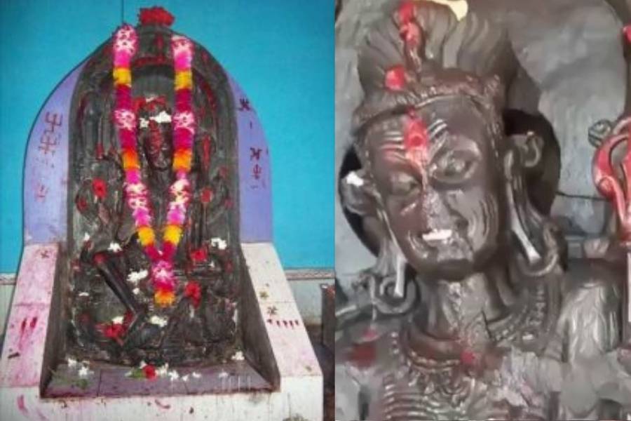  একটি হাত ভাঙা।  মূর্তির পেট কোদালের ঘায়ে কাটা। তাঁর পেটের মধ্যেই খোদাই করা রয়েছে বিছের ছবি। দেবীর গলায় ঝুলছে নরমুণ্ডের মালা, সঙ্গে আছে এমনকি সর্পমালাও। 