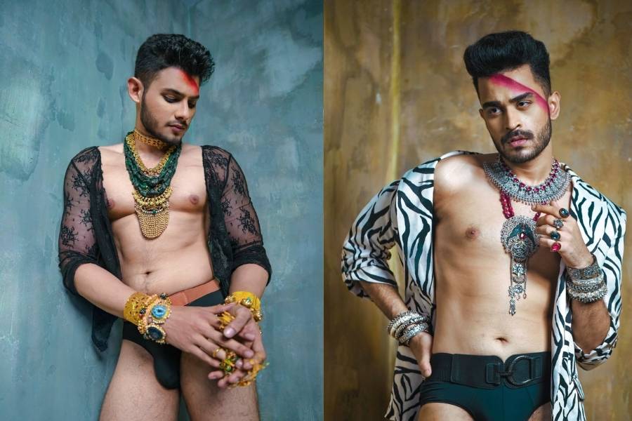 অলঙ্কারে সাজছে পুরুষ। এই পরিচিত ছবি আবার নতুন চমক দেয়, যখন গয়নার আদরে ঢাকা থেকে পুরুষের অনাবৃত শরীর।