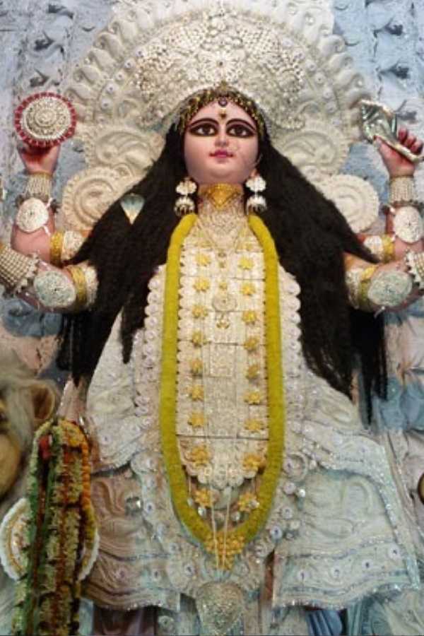 জগদ্ধাত্রীর বাঁ হাতে থাকে শঙ্খ ও শাঙ্গরধনু। ডান হাতে থাকে চক্র ও পঞ্চবাণ। পরিধানে রক্তবস্ত্র। সাধারণত তাঁর রূপ হয় সোনালি বা রক্তবর্ণা। 