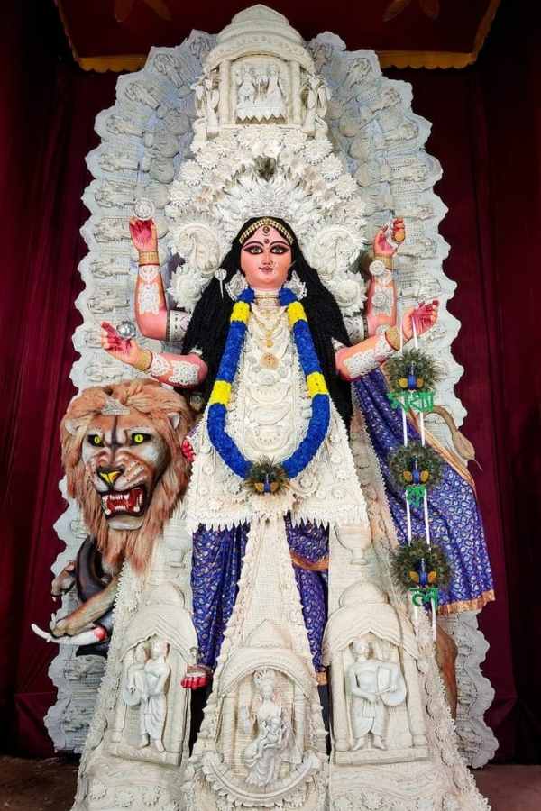 মধ্যাঞ্চল সর্বজনীন জগদ্ধাত্রী পূজা সমিতি এই বছর শ্বেত-শুভ্র ডাকের সাজে সাজিয়ে তুলেছেন তাদের প্রতিমাকে। দেবীর সাজে রয়েছে নীলাভ ছোঁয়া!