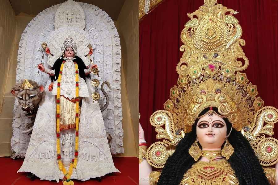 আলোর সাজ, আকাশছোঁয়া প্রতিমা, রাস্তার ভিড় — সব মিলিয়ে এখানকার জগদ্ধাত্রী পুজোর জৌলুস মনে করিয়ে দিতে পারে দক্ষিণ কলকাতার নামী মণ্ডপে ভিড়ের কথাও।