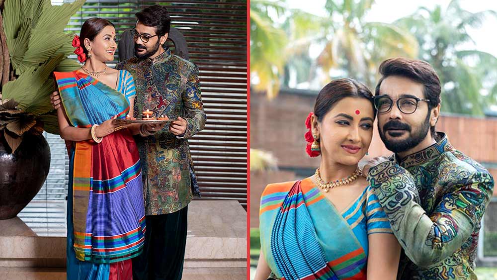 কালচে নীল-সবুজের অঙ্গরাখা, সঙ্গে কালো ঢোলা পাজামা…অমলিন দত্তের অসাধারণ ডিজাইনের সঙ্গে রচনার নীল-লাল পুজো পুজো সাজ। পুজো মানেই যে আবার প্রেমে পড়া!