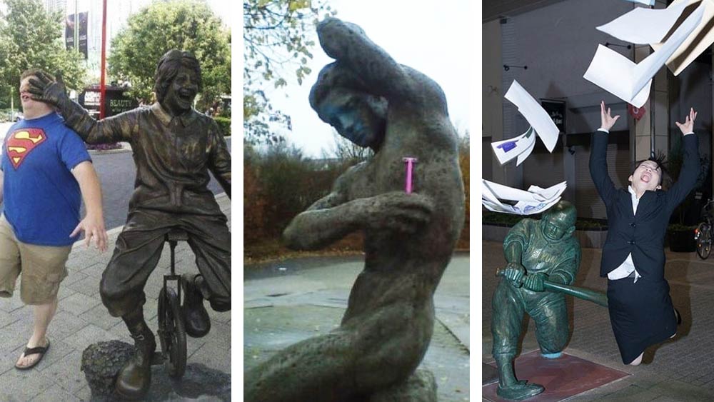 শুধু সংগ্রহশালাতেই নয়, দেশ-বিদেশের নানা প্রান্তে ঘুরতে গেলে রাস্তার মাঝে চোখে পড়ে কিছু অভাবনীয় মূর্তি। পাথর কেটে যে সব মূর্তি গড়েছেন কারিগরেরা। কেউ কেউ মজার ছলে, নিজেদের রসবোধ ফুটিয়ে তোলার জন্য এই মূর্তির সঙ্গে বিভিন্ন পোজে ছবিও তোলেন। নীচে এই ধরনের কয়েকটি ছবি দেওয়া হল।