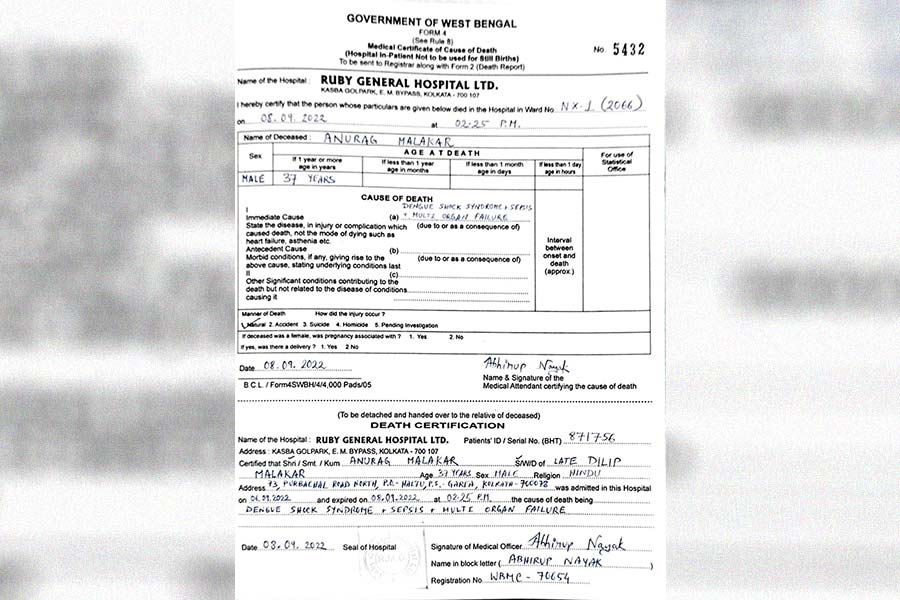 প্রাণঘাতী: অনুরাগ মালাকারের মৃত্যুর কারণ হিসাবে ডেথ সার্টিফিকেটে রয়েছে ডেঙ্গি শক সিনড্রোমের উল্লেখ। নিজস্ব চিত্র।