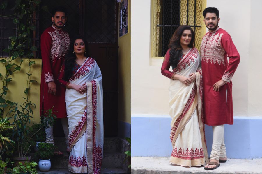 ষষ্ঠীর সকালটা তরুণকুমারের নাতি সাজবেন লাল পাঞ্জাবিতে। আর ত্বরিতার পছন্দে সাদা শাড়ি। 