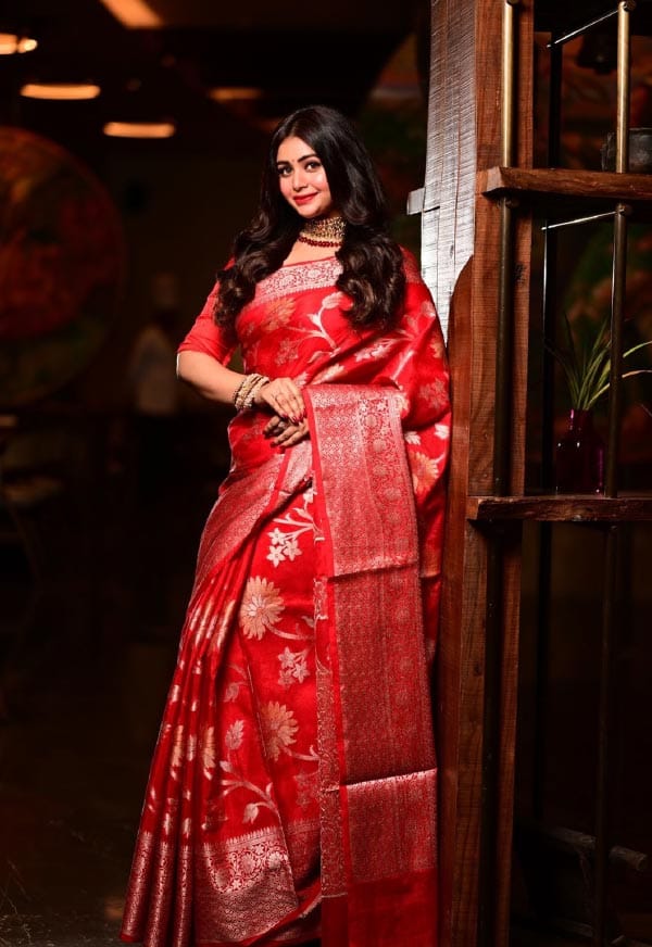 পুজোয় সবচেয়ে জমকালো শাড়িটিই ঋতাভরী বেছে রেখেছেন নবমীর জন্য। 