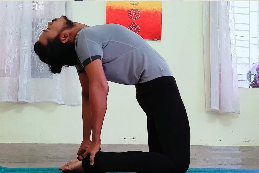 উষ্ট্রাশন : ম্যাটের উপরে হাঁটু গেড়ে দাঁড়িয়ে পড়তে হবে। হাঁটু ও গোড়ালি দুটো খোলা থাকবে যথাসম্ভব। তার পরে কাঁধ থেকে হাত ঘুরিয়ে পায়ের গোড়ালি ধরতে হবে। শিরদাঁড়া টানটান রাখতে হবে। উপকারিতা: শরীর সুঠাম করে, থাইরয়েড কমায়। পেশীর নমনীয়তা বাড়ে।