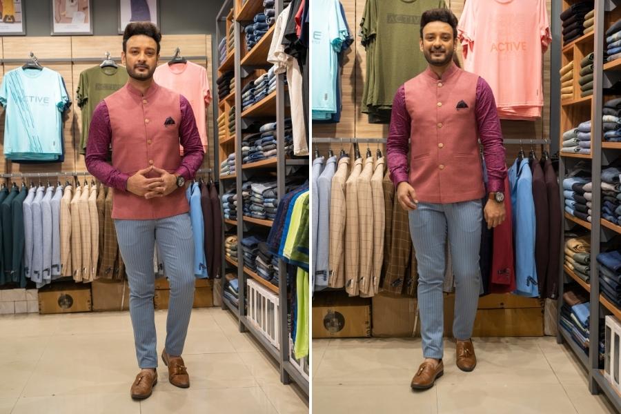 নবমীর রাতে বিশেষ মানুষের সঙ্গে ঠাকুর দেখতে যাচ্ছেন? পার্পল শার্টের সঙ্গে হালকা গোলাপি হাফ জ্যাকেটে বেশ মানাবে। তার সঙ্গে থাকুক ধূসর রঙের ট্রাওজার। 