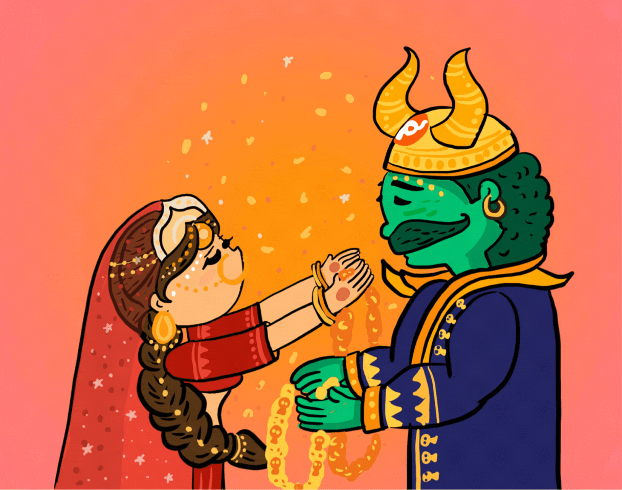 ঘটনাচক্রে রাজা রম্ভ বিবাহ করেন তাকে। রম্ভ যখন তপস্যারত, অন্তঃসত্ত্বা রানি মহিষী তখন পশুর রূপ ধরে ঘুরে বেড়াচ্ছিলেন। 