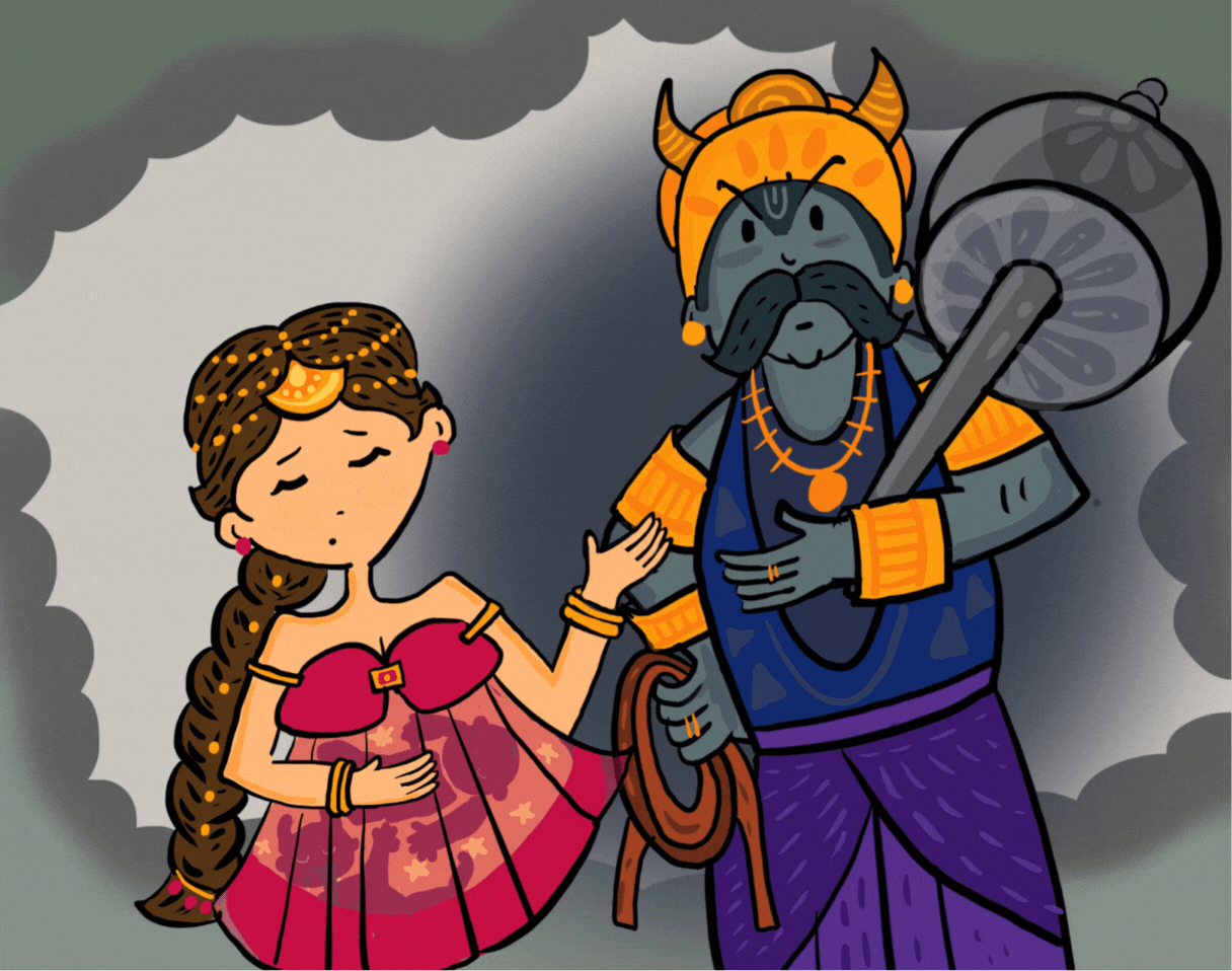 যমরাজ রম্ভের আত্মা ছিনিয়ে নিতে এলে বাধা দেন পতিব্রতা মহিষী। নিজের গর্ভে স্থান দেন স্বামীর আত্মাকে। অর্থাৎ নিজের গর্ভস্থ সন্তান ছাড়াও তার গর্ভে লালিতপালিত হতে থাকে তার স্বামীর আত্মা। এই আত্মার পুনর্জন্ম হয় - অসুর রক্তবীজ। আর যে গর্ভস্থ সন্তানের জন্ম হয়, তিনিই মহিষাসুর।