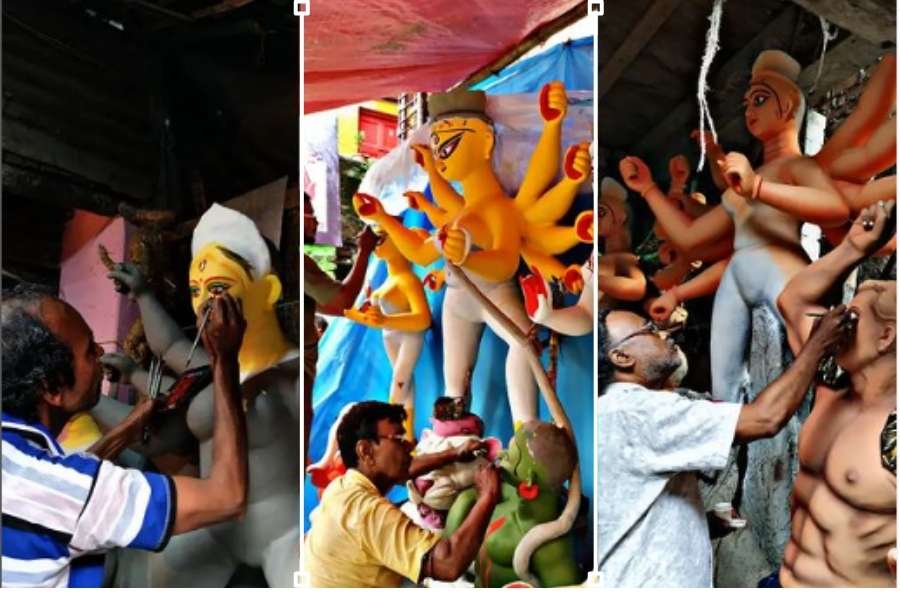 মোমবাতি বা প্রদীপের আলোয় চোখ আঁকতে ব্যস্ত শিল্পীরা। কুমোরটুলি হোক বা অন্য কোনও পটুয়া পাড়া প্রায় সব জায়গাতেই এক ছবি। প্রত্যেকে ব্যস্ত শেষ মুহূর্তের কাজে।  