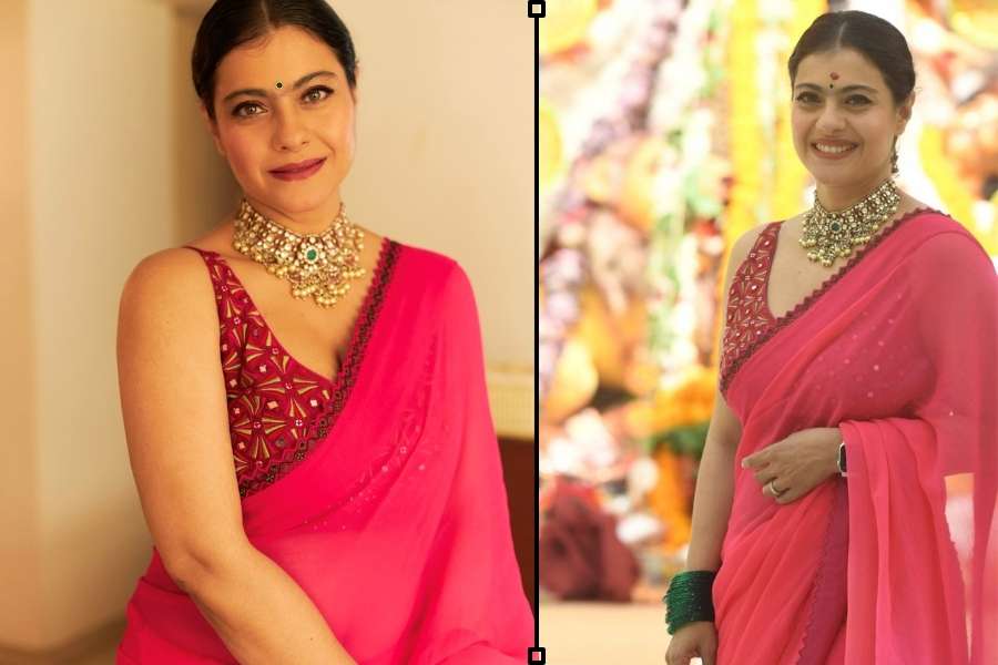 পুনিত বালানা ব্র্যান্ডের ডিজাইন করা মিরর-ওয়ার্ক স্ট্র্যাপি ব্লাউজের সঙ্গে লাল শিফন শাড়িতে পুজোর দিন সন্ধ্যেবেলা আপনিও হয়ে উঠতে পারেন কাজলের মতো লাস্যময়ী। 