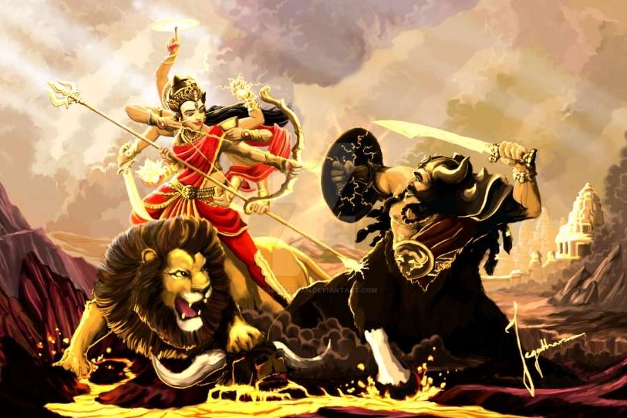 মহিষাসুর ফের রূপ বদলে হয়ে ওঠেন সিংহ। দুই সিংহের পরাক্রমে কেঁপে ওঠে পুরো পৃথিবী। কিন্তু দেবীর বাহন পরাস্ত করে মহিষাসুরকে। শেষে মহিষের রূপ নিয়ে আরও এক বার নিজেকে রক্ষা করতে সক্ষম হন মহিষাসুর। 