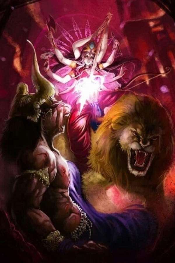 শেষে সিংহ বাহন তাঁকে মাটিতে ছুড়ে ফেলে এবং দেবী নিজের ত্রিশুলে বিদ্ধ করে বিনাশ করেন মহিষাসুরকে। 