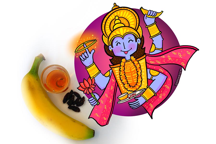 ভগবান বিষ্ণু – পুরাণ মতে কিশমিশ, মধু, কলা, ছোলার ডাল এই সবই তাঁর পছন্দের। তাঁর ভোগে ৫৬ রকমের পদ নিবেদনের রীতি আছে বলে কথিত। তবে বেশি সন্তুষ্ট হন তিনি মহামন্ত্র স্মরণে। 