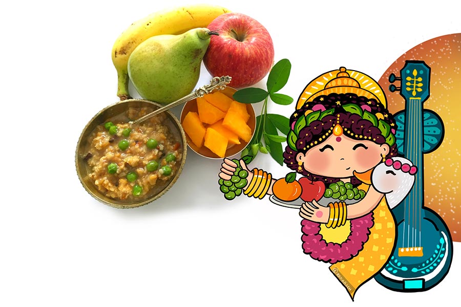 দেবী সরস্বতী – বিদ্যা বুদ্ধি ও জানের দেবী প্রসন্ন হন সতেজ ফলে। এ ছাড়া খিচুড়ি তাঁর ভীষণ প্রিয়। 