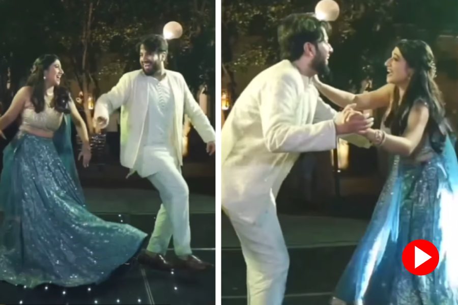 bride and grooms energetic dance