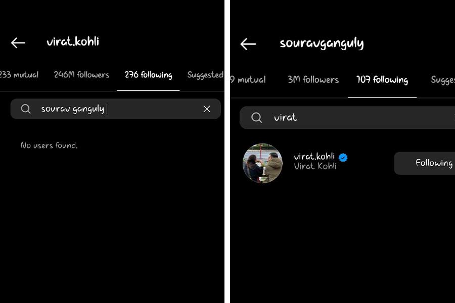 বিরাটের ইনস্টাগ্রাম প্রোফাইল থেকে উধাও সৌরভ (বাঁ দিকে)। কিন্তু সৌরভের ইনস্টাগ্রামের পাতায় রয়েছেন বিরাট।