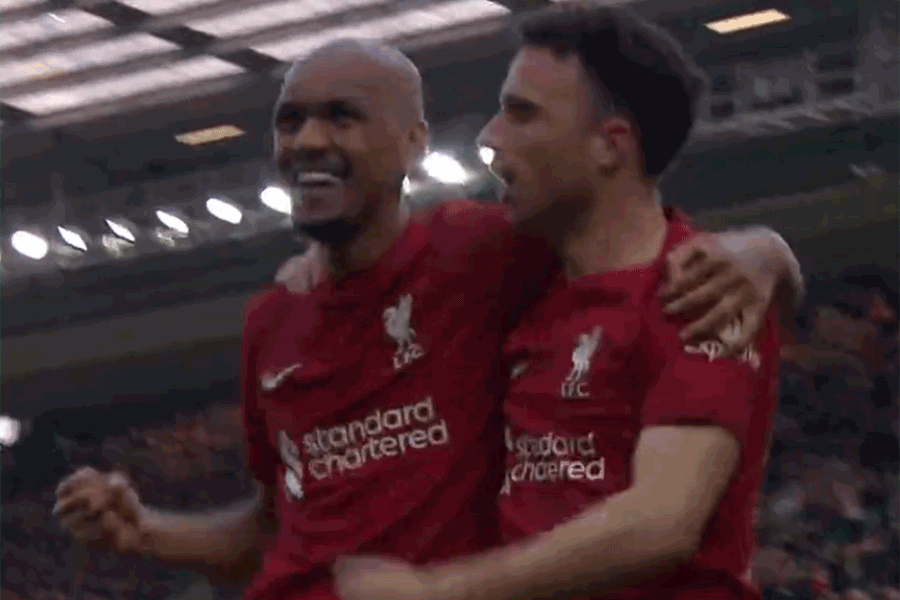 Diogo Jota and Fabinho in liverpool jersey