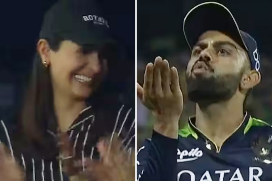 Anushka Sharma blushes as she receives flying kiss from Virat Kohli at RCB vs RR IPL match