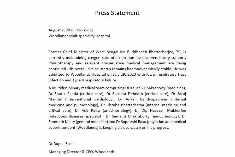 Medical Bulletin of Former CM Buddhadeb Bhattacharjee