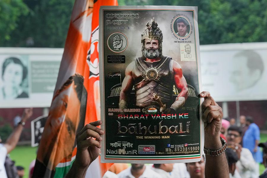 সংসদে প্রত্যাবর্তনের দিন দিল্লির রাস্তায় ‘বাহুবলী’ রাহুলের পোস্টার হাতে নেমেছিলেন কংগ্রেস সমর্থকেরা।