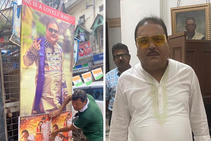 ‘ওহ লাভলি’ ছবির পোস্টার (বাঁ দিকে)। শুক্রবার বিধানসভায় মদন মিত্র (ডান দিকে)।